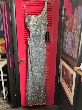 Precious Formals Iridescent Silver One-Shoulder Sequin Gown